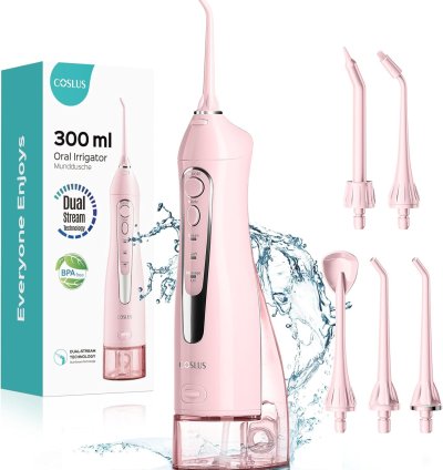 COSLUS Water Dental Flosser Teeth Pick – Portable Cordless Oral Irrigator, 300ML Rechargeable Travel Irrigation Cleaner, IPX7 Waterproof Electric Flossing Machine for Teeth Cleaning (C20/F5020E) – Pink